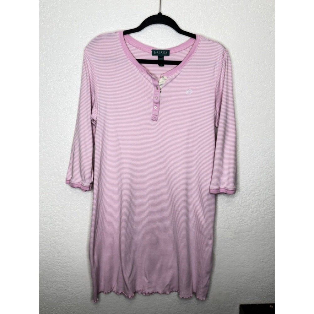 Lauren Ralph Lauren Pink White Striped Henley Sleep Shirt Nightgown Sz L Preppy